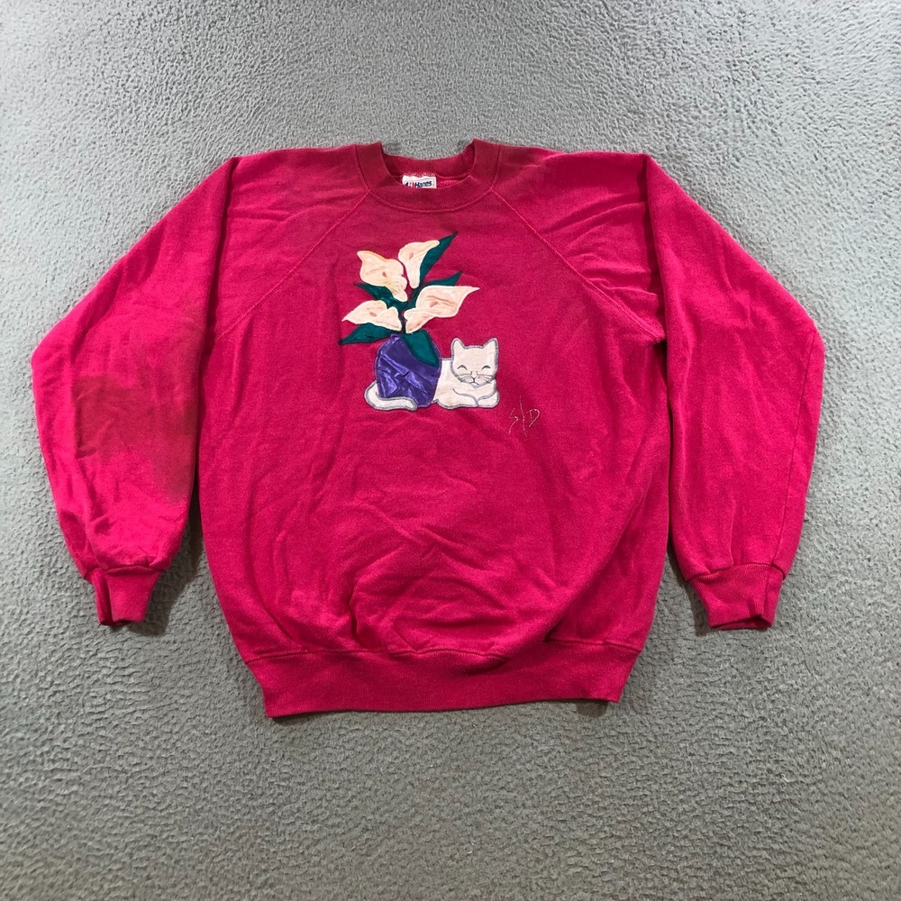 vtg crewneck sweatshirt adults L pink cats embroilerd stitch quilted art